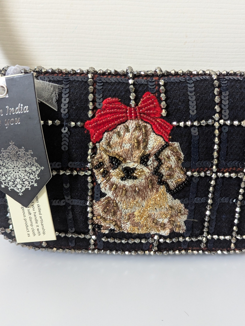 Embroidered Dog Accent Clutch with Red Bow - Fashion Brand